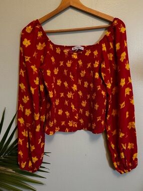 Yellow Floral-Print Red Smocked Peasant Blouse